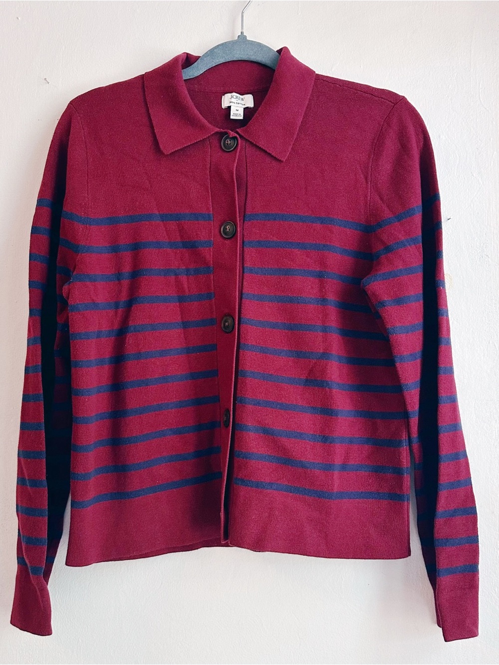 J Crew Striped collared sweater-jacket vintage burgundy navy 100% cotton medium - Picture 6 of 9